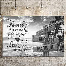 Load image into Gallery viewer, Beach Palm Tree  Where Life Begins And Love Never Ends Multi-Names Premium Canvas