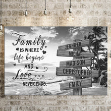 Load image into Gallery viewer, Beach Palm Tree  Where Life Begins And Love Never Ends Multi-Names Premium Canvas