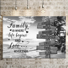 Load image into Gallery viewer, Beach Palm Tree  Where Life Begins And Love Never Ends Multi-Names Premium Canvas Poster