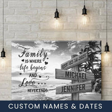 Load image into Gallery viewer, Beach Palm Tree  Where Life Begins And Love Never Ends Multi-Names Premium Canvas