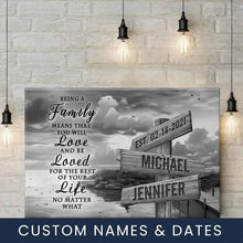 Load image into Gallery viewer, Coast Dusk "Being A Family Means You Will Love And Be Loved" Multi-Names Premium Canvas