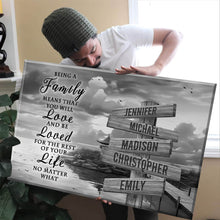 Load image into Gallery viewer, Coast Dusk "Being A Family Means You Will Love And Be Loved" Multi-Names Premium Canvas