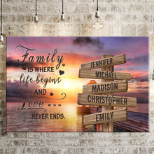 Load image into Gallery viewer, Coast Sunset Color  Where Life Begins And Love Never Ends Multi-Names Premium Canvas