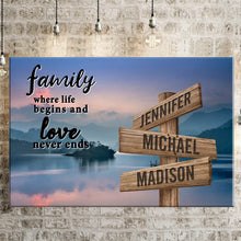 Load image into Gallery viewer, Riverside Sunset Color  Where Life Begins And Love Never Ends Multi-Names Premium Canvas