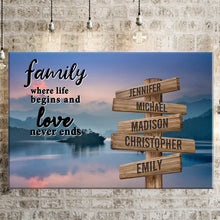 Load image into Gallery viewer, Riverside Sunset Color  Where Life Begins And Love Never Ends Multi-Names Premium Canvas