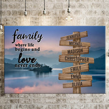 Load image into Gallery viewer, Riverside Sunset Color  Where Life Begins And Love Never Ends Multi-Names Premium Canvas