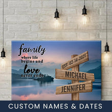 Load image into Gallery viewer, Riverside Sunset Color  Where Life Begins And Love Never Ends Multi-Names Premium Canvas