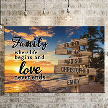 Load image into Gallery viewer, Beach Palm Tree Color Where Life Begins And Love Never Ends Multi-Names Premium Canvas Poster