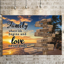 Load image into Gallery viewer, Beach Palm Tree Color Where Life Begins And Love Never Ends Multi-Names Premium Canvas Poster