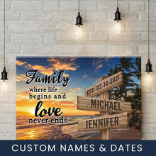 Load image into Gallery viewer, Beach Palm Tree Color  Where Life Begins And Love Never Ends Multi-Names Premium Canvas