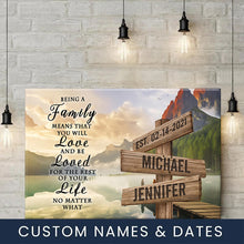 Load image into Gallery viewer, Canyon Dock Color "Being A Family Means You Will Love And Be Loved" Multi-Names Premium Canvas