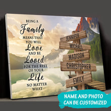 Load image into Gallery viewer, Canyon Dock Color "Being A Family Means You Will Love And Be Loved" Multi-Names Premium Canvas