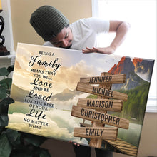 Load image into Gallery viewer, Canyon Dock Color "Being A Family Means You Will Love And Be Loved" Multi-Names Premium Canvas