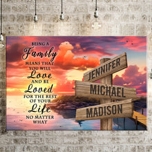 Load image into Gallery viewer, Coast Dusk Color "Being A Family Means You Will Love And Be Loved" Multi-Names Premium Canvas