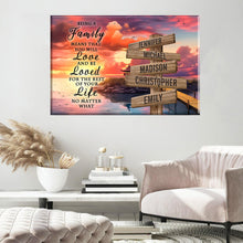 Load image into Gallery viewer, Coast Dusk Color "Being A Family Means You Will Love And Be Loved" Multi-Names Premium Canvas