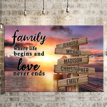 Load image into Gallery viewer, Coast Sunset Color  Where Life Begins And Love Never Ends Multi-Names Premium Canvas