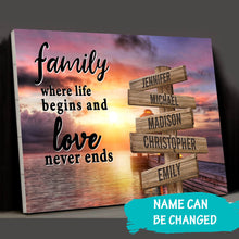 Load image into Gallery viewer, Coast Sunset Color  Where Life Begins And Love Never Ends Multi-Names Premium Canvas