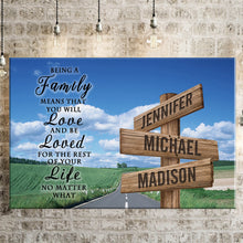Load image into Gallery viewer, Country Road Color "Being A Family Means You Will Love And Be Loved" Multi-Names Premium Canvas Poster