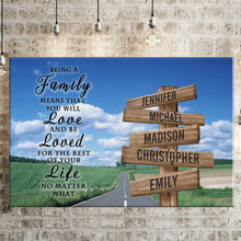 Load image into Gallery viewer, Country Road  Color "Being A Family Means You Will Love And Be Loved" Multi-Names Premium Canvas