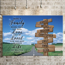 Load image into Gallery viewer, Country Road  Color "Being A Family Means You Will Love And Be Loved" Multi-Names Premium Canvas