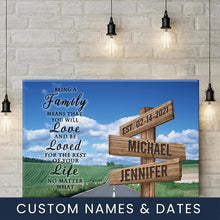 Load image into Gallery viewer, Country Road Color "Being A Family Means You Will Love And Be Loved" Multi-Names Premium Canvas Poster