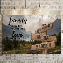 Load image into Gallery viewer, Mountain Range Color  Where Life Begins And Love Never Ends Multi-Names Premium Canvas
