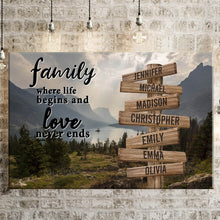 Load image into Gallery viewer, Mountain Range Color  Where Life Begins And Love Never Ends Multi-Names Premium Canvas