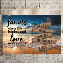 Load image into Gallery viewer, Ocean Sunset Color Where Life Begins And Love Never Ends Multi-Names Premium Canvas Poster