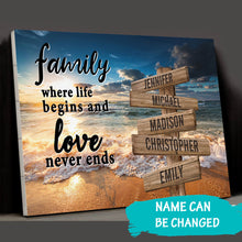 Load image into Gallery viewer, Ocean Sunset Color  Where Life Begins And Love Never Ends Multi-Names Premium Canvas