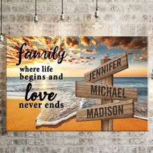Load image into Gallery viewer, Ocean Sunset Color  Where Life Begins And Love Never Ends Multi-Names Premium Canvas