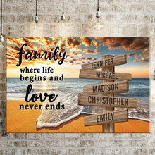 Load image into Gallery viewer, Ocean Sunset Color  Where Life Begins And Love Never Ends Multi-Names Premium Canvas