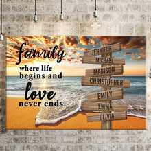 Load image into Gallery viewer, Ocean Sunset Color  Where Life Begins And Love Never Ends Multi-Names Premium Canvas