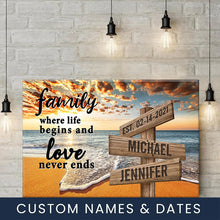 Load image into Gallery viewer, Ocean Sunset Color  Where Life Begins And Love Never Ends Multi-Names Premium Canvas