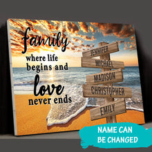 Load image into Gallery viewer, Ocean Sunset Color  Where Life Begins And Love Never Ends Multi-Names Premium Canvas
