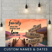 Load image into Gallery viewer, Riverside at Dusk Color  Where Life Begins And Love Never Ends Multi-Names Premium Canvas