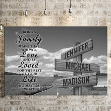 Load image into Gallery viewer, Country Road "Being A Family Means You Will Love And Be Loved" Multi-Names Premium Canvas Poster