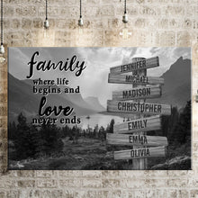 Load image into Gallery viewer, Mountain Range  Where Life Begins And Love Never Ends Multi-Names Premium Canvas
