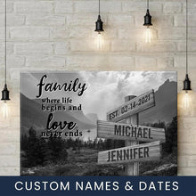 Load image into Gallery viewer, Mountain Range  Where Life Begins And Love Never Ends Multi-Names Premium Canvas