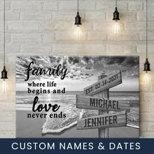 Load image into Gallery viewer, Ocean Sunset  Where Life Begins And Love Never Ends Multi-Names Premium Canvas