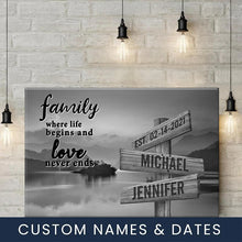 Load image into Gallery viewer, Riverside Sunset Where Life Begins And Love Never Ends Multi-Names Premium Canvas Poster