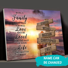 Load image into Gallery viewer, Coast Sunset Color "Being A Family Means You Will Love And Be Loved" Multi-Names Premium Canvas Poster