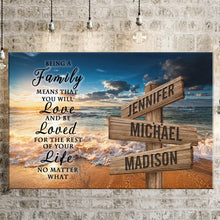 Load image into Gallery viewer, Ocean Sunset Color "Being A Family Means You Will Love And Be Loved" Multi-Names Premium Canvas