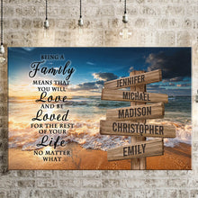 Load image into Gallery viewer, Ocean Sunset Color "Being A Family Means You Will Love And Be Loved" Multi-Names Premium Canvas