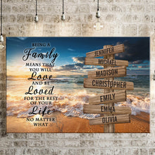 Load image into Gallery viewer, Ocean Sunset Color "Being A Family Means You Will Love And Be Loved" Multi-Names Premium Canvas