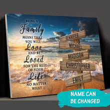Load image into Gallery viewer, Ocean Sunset Color "Being A Family Means You Will Love And Be Loved" Multi-Names Premium Canvas
