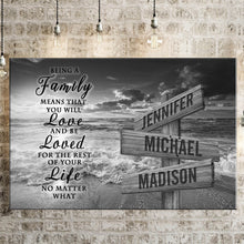 Load image into Gallery viewer, Ocean Sunset "Being A Family Means You Will Love And Be Loved" Multi-Names Premium Canvas
