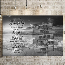 Load image into Gallery viewer, Ocean Sunset "Being A Family Means You Will Love And Be Loved" Multi-Names Premium Canvas
