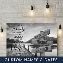 Load image into Gallery viewer, River Pier "Being A Family Means You Will Love And Be Loved" Multi-Names Premium Canvas