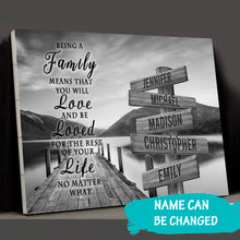Load image into Gallery viewer, River Pier "Being A Family Means You Will Love And Be Loved" Multi-Names Premium Canvas