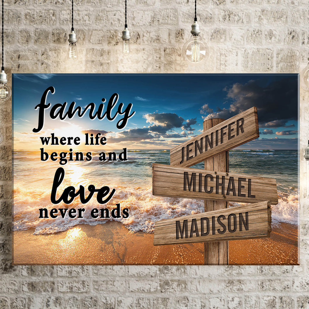 Ocean Sunset Color  Where Life Begins And Love Never Ends Multi-Names Premium Canvas Poster